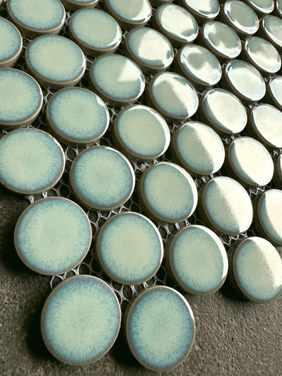 Porcelain Mosaic Penny round with crystal glaze Glossy Light Green