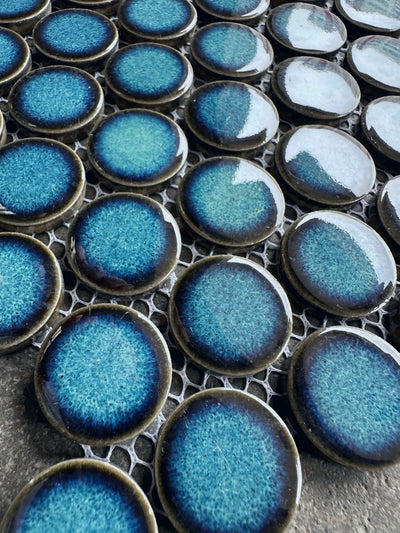 Porcelain Mosaic Penny round with crystal glaze Glossy Dark Blue