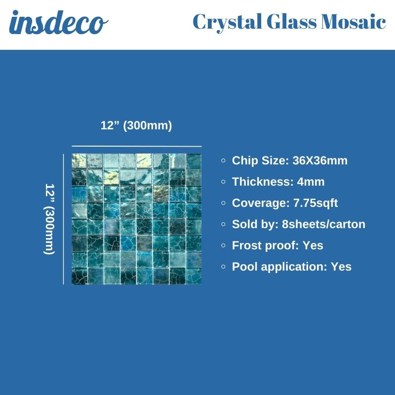 Crystal glass mosaic Tiles with iridescent & wavy surface|8 Sheets Blue 12X12 inches for Swimming Pool/Kitchen backsplash/Bathroom/Shower/Outdoor