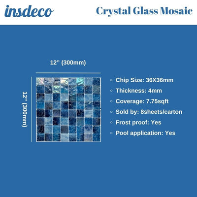 Crystal glass mosaic Tiles with iridescent & wavy surface|8 Sheets Blue 12X12 inches for Swimming Pool/Kitchen backsplash/Bathroom/Shower/Outdoor