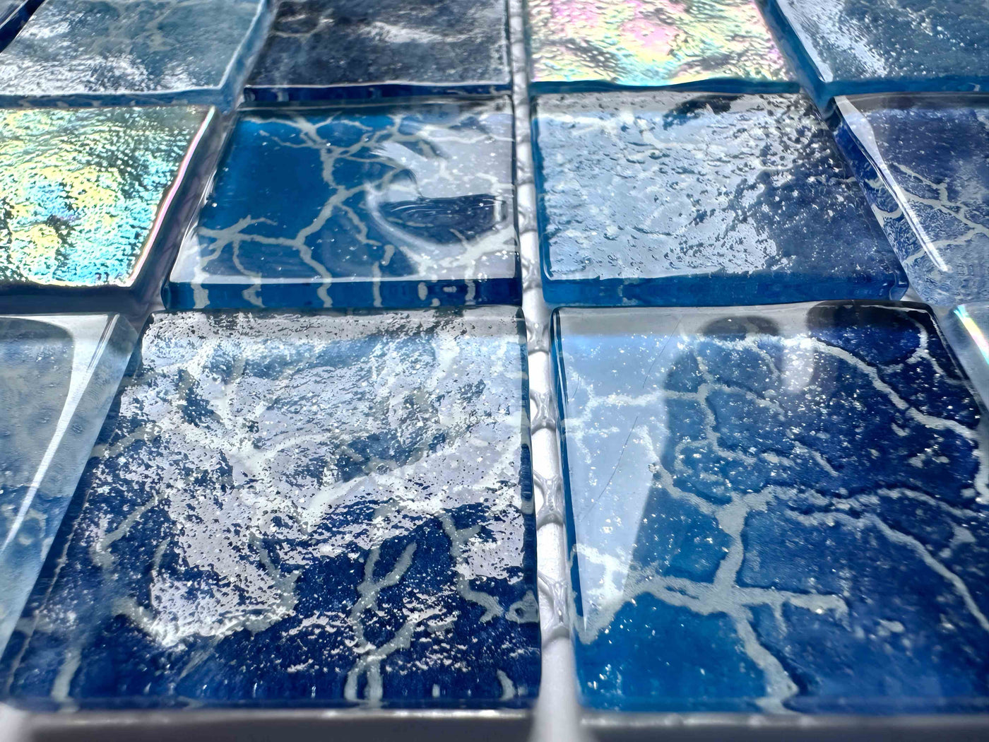 Crystal glass mosaic Tiles with iridescent & wavy surface|8 Sheets Blue 12X12 inches for Swimming Pool/Kitchen backsplash/Bathroom/Shower/Outdoor