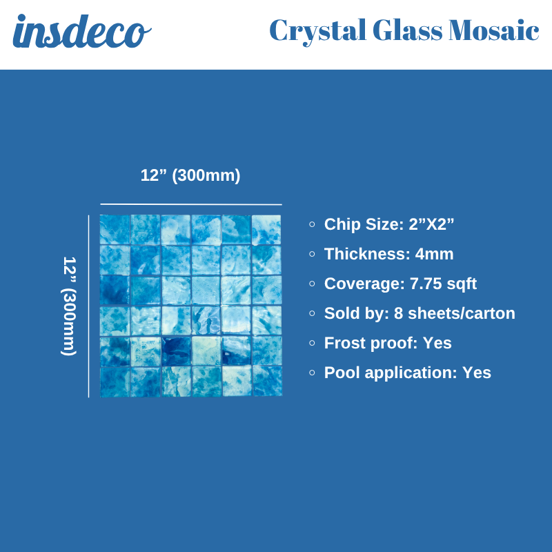 Glass Mosaic Tiles 8 Sheets Sky Blue 12X12 inches for Swimming Pool/Kitchen backsplash/Bathroom/Shower/Outdoor