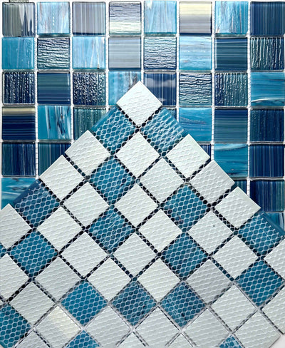 Hand painted crystal glass mosaic Tiles 8 Sheets Blue 12X12 inches for Swimming Pool/Kitchen backsplash/Bathroom/Shower/Outdoor