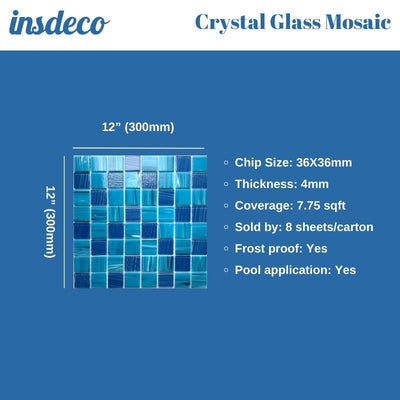 Hand painted crystal glass mosaic Tiles 8 Sheets Blue 12X12 inches for Swimming Pool/Kitchen backsplash/Bathroom/Shower/Outdoor